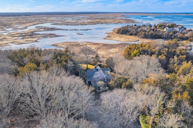 aerial view featuring a wooded view and a water view