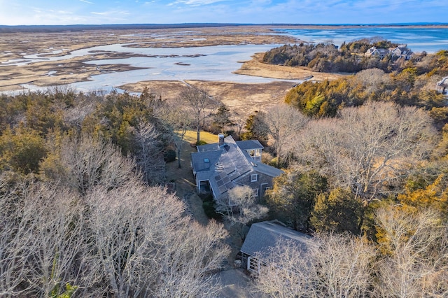 birds eye view of property with a forest view and a water view