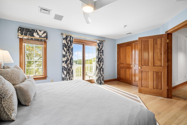 38 Captain Baker Rd, Brewster, MA 02631 - bedroom featuring light wood-style floors, access to outside, baseboards, and ceiling fan