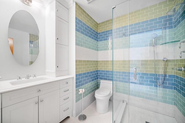 38 Captain Baker Rd, Brewster, MA 02631 - full bathroom with a shower stall, toilet, vanity, tile walls, and tile patterned flooring