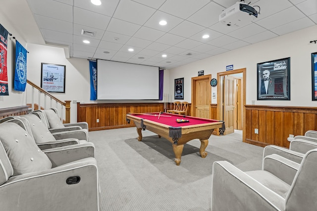 38 Captain Baker Rd, Brewster, MA 02631 - home theater with light carpet, a wainscoted wall, billiards, wooden walls, and recessed lighting