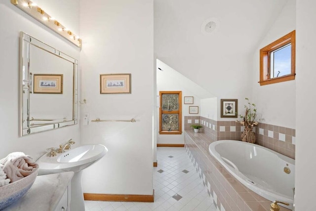 63 Swift Ln, Brewster, MA 02631 - full bathroom featuring a bath, lofted ceiling, vanity, and tile patterned flooring