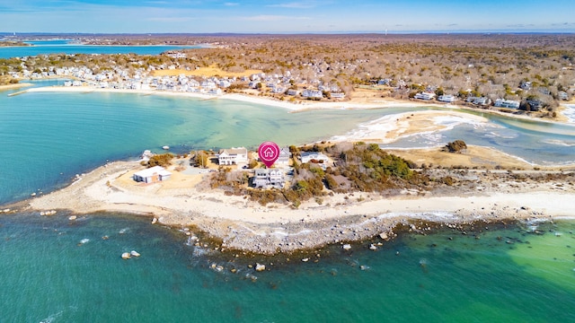 bird's eye view with a view of the beach and a water view