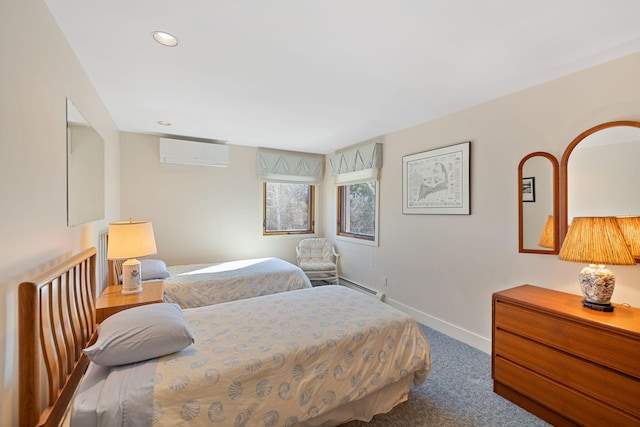 bedroom with baseboards, dark carpet, a wall mounted AC, a baseboard heating unit, and recessed lighting