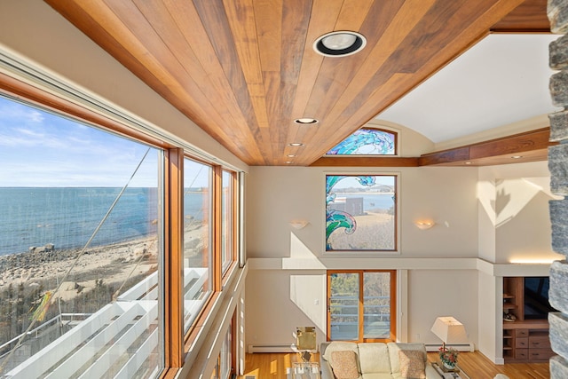 interior space with wooden ceiling, a water view, baseboard heating, and wood finished floors