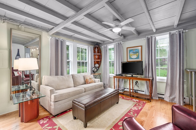350 Plum St, West Barnstable, MA 02668 - living area with ceiling fan, light wood-style flooring, a wooden ceiling with exposed beams, and a baseboard heating unit