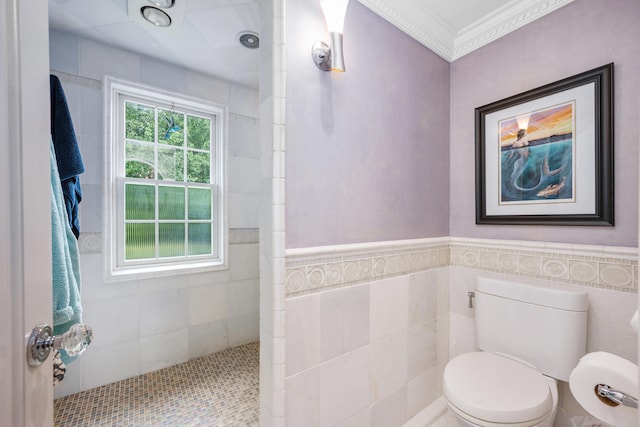 350 Plum St, West Barnstable, MA 02668 - full bath featuring a walk in shower, ornamental molding, tile walls, and a wainscoted wall