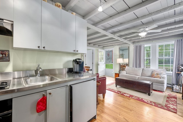 350 Plum St, West Barnstable, MA 02668 - kitchen featuring stainless steel countertops, light wood-type flooring, white cabinets, a ceiling fan, and ventilation hood