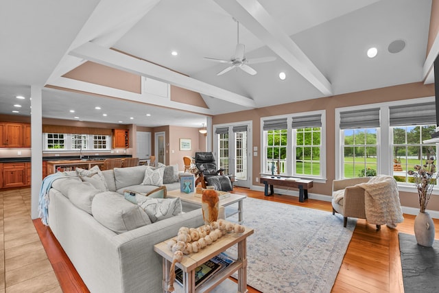350 Plum St, West Barnstable, MA 02668 - living room featuring recessed lighting, ceiling fan, light wood-style flooring, and baseboards