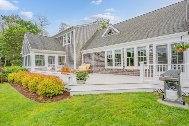 350 Plum St, West Barnstable, MA 02668 - rear view of house with a deck, a yard, and roof with shingles