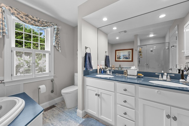 350 Plum St, West Barnstable, MA 02668 - bathroom with a shower stall, double vanity, recessed lighting, and a bathtub