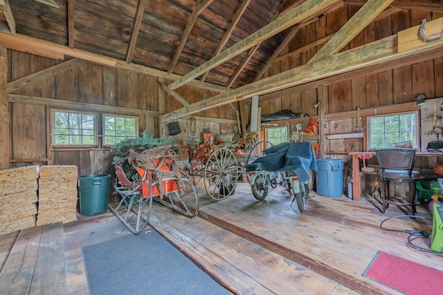 350 Plum St, West Barnstable, MA 02668 - garage featuring wood walls and wooden ceiling