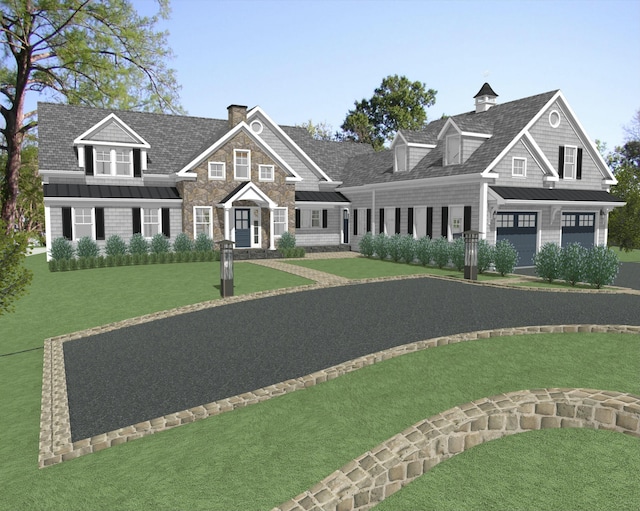 shingle-style home featuring a standing seam roof, an attached garage, a chimney, and a front lawn