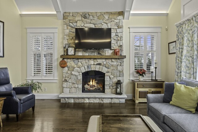 5 Jakes Ln, Brewster, MA 02631 - living room featuring baseboards, a fireplace, beam ceiling, and wood finished floors
