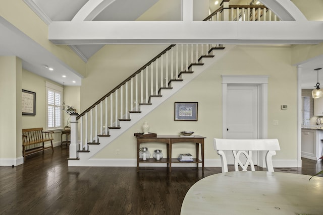 5 Jakes Ln, Brewster, MA 02631 - staircase with baseboards, recessed lighting, a high ceiling, and wood finished floors
