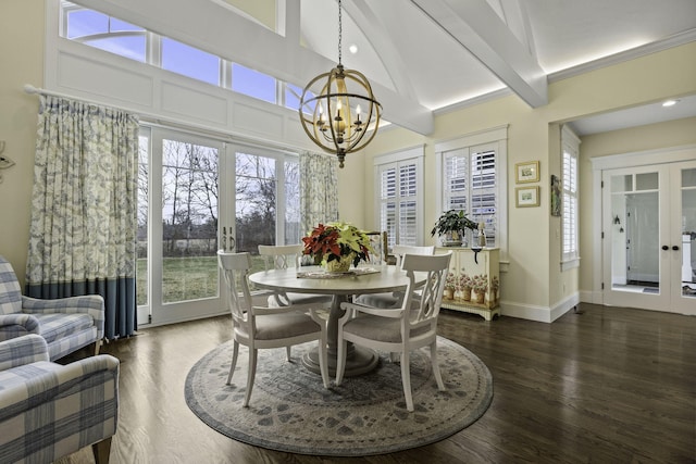 5 Jakes Ln, Brewster, MA 02631 - dining room featuring french doors, baseboards, dark wood-type flooring, and a notable chandelier
