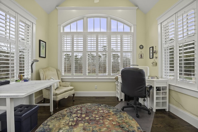 5 Jakes Ln, Brewster, MA 02631 - office area featuring baseboards, vaulted ceiling, and a healthy amount of sunlight