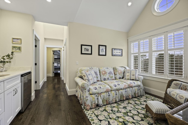 5 Jakes Ln, Brewster, MA 02631 - living room featuring baseboards, recessed lighting, dark wood-style floors, and high vaulted ceiling