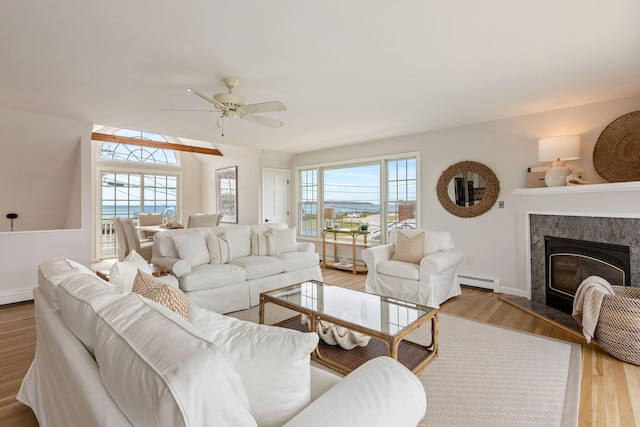 14 Kendrick Ave, Wellfleet, MA 02667 - living area with a baseboard radiator, healthy amount of natural light, wood finished floors, and ceiling fan