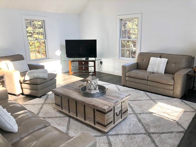 341 Service Rd, Sandwich, MA 02563 - living area with a healthy amount of sunlight, baseboards, vaulted ceiling, and wood finished floors