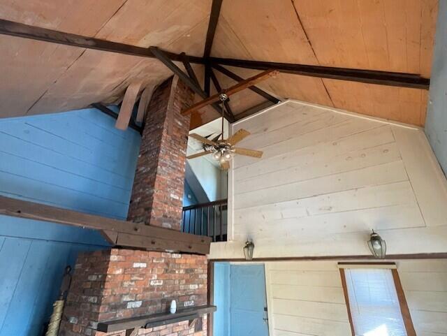 room details with beamed ceiling, wood ceiling, and wooden walls