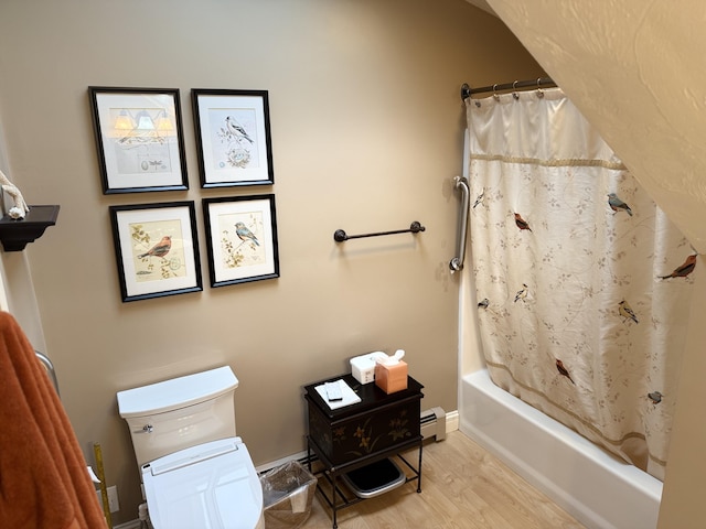 3 Wolf Rd, Buzzards Bay, MA 02532 - bathroom featuring wood finished floors, toilet, shower / bath combination with curtain, and a baseboard heating unit