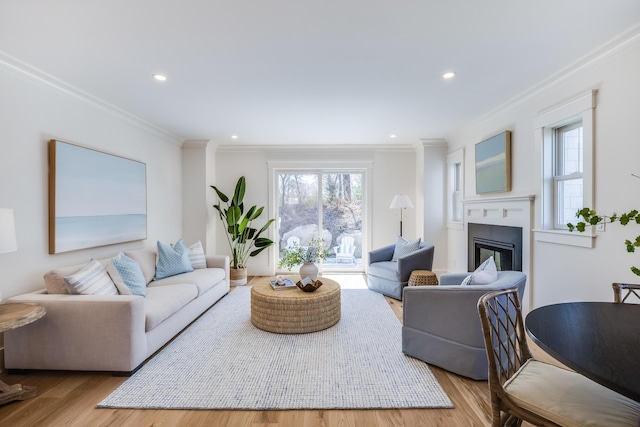 213 N Falmouth Hwy Unit 5B, North Falmouth, MA 02556 - living area featuring a glass covered fireplace, ornamental molding, wood finished floors, and recessed lighting