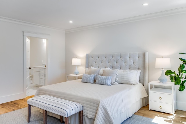 213 N Falmouth Hwy Unit 5B, North Falmouth, MA 02556 - bedroom featuring ornamental molding, light wood-type flooring, recessed lighting, connected bathroom, and baseboards