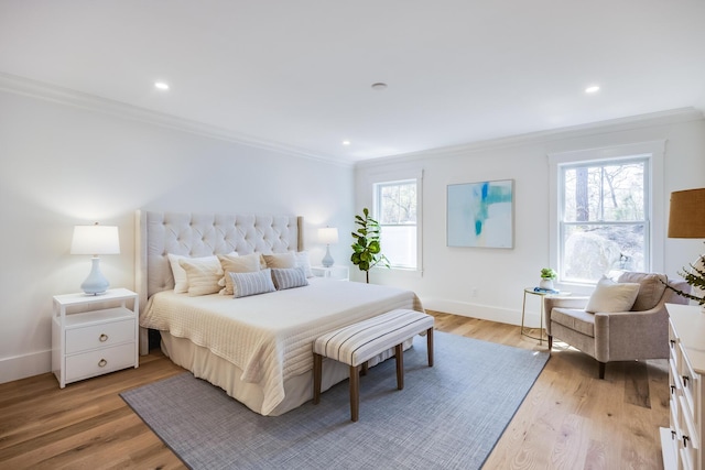 213 N Falmouth Hwy Unit 5B, North Falmouth, MA 02556 - bedroom featuring ornamental molding, multiple windows, baseboards, light wood-style floors, and recessed lighting