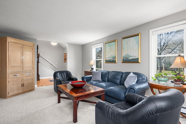 56 Allan Rd, West Barnstable, MA 02668 - living area featuring stairs and light colored carpet