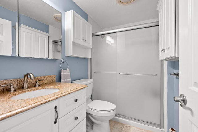 56 Allan Rd, West Barnstable, MA 02668 - full bath featuring vanity, a stall shower, toilet, and tile patterned flooring