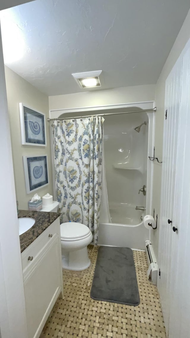 40 Brant Rock Rd, Mashpee, MA 02649 - full bathroom with a baseboard heating unit, shower / bath combination with curtain, and vanity