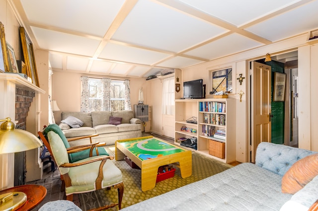 playroom with coffered ceiling