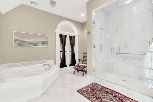 143 Main St, Sandwich, MA 02563 - bathroom featuring recessed lighting, a shower stall, marble finish floor, visible vents, and a garden tub