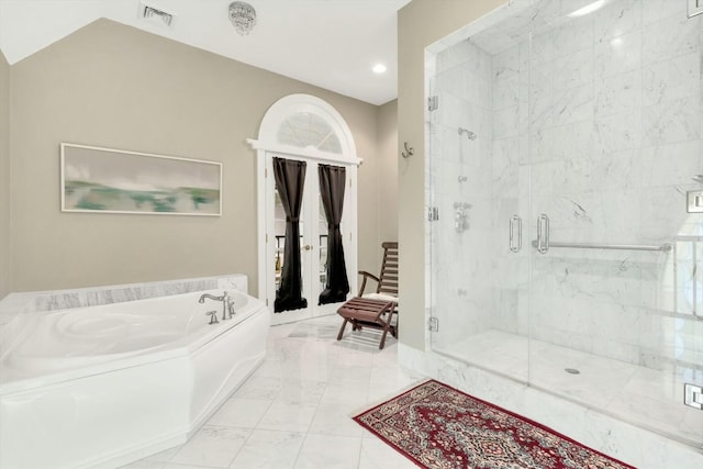 143 Main St, Sandwich, MA 02563 - full bathroom with visible vents, a stall shower, recessed lighting, a bath, and marble finish floor