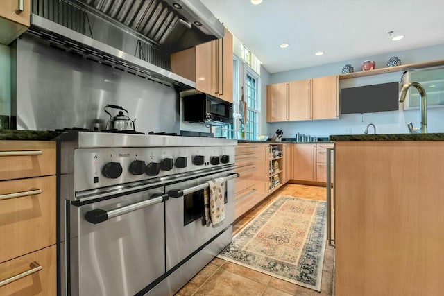 143 Main St, Sandwich, MA 02563 - kitchen featuring recessed lighting, light brown cabinetry, range hood, light tile patterned floors, and double oven range
