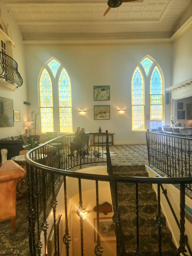 143 Main St, Sandwich, MA 02563 - interior space with ceiling fan, carpet floors, an ornate ceiling, and plenty of natural light