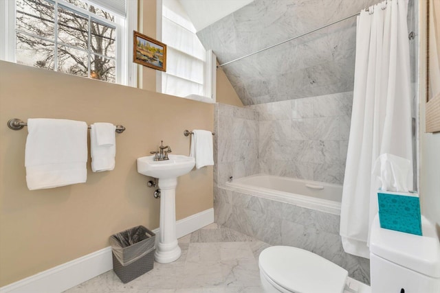 143 Main St, Sandwich, MA 02563 - full bathroom with toilet, marble finish floor, tiled shower / bath combo, baseboards, and lofted ceiling