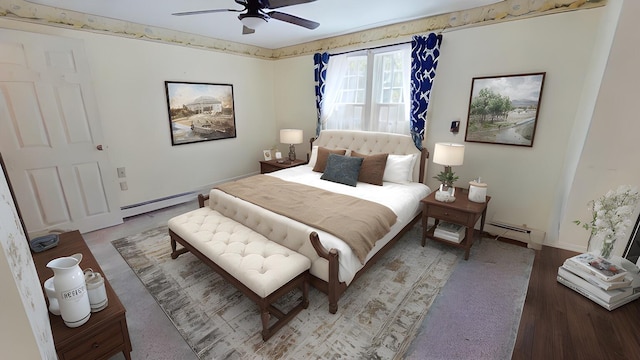 91 Hitching Post Ln, Centerville, MA 02632 - bedroom featuring baseboard heating, light wood-style flooring, baseboards, and a ceiling fan