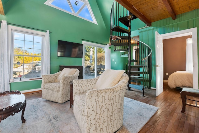 interior space featuring high vaulted ceiling, beam ceiling, wooden ceiling, and wood-type flooring