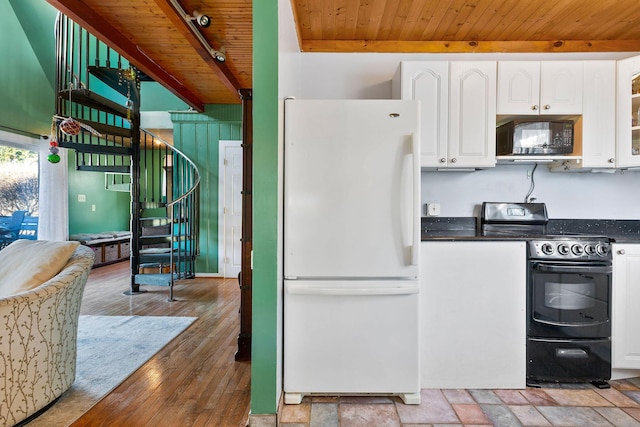 kitchen featuring white cabinets, black appliances, track lighting, wood ceiling, and light wood-type flooring