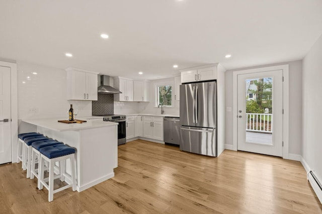 kitchen featuring backsplash, appliances with stainless steel finishes, white cabinetry, a peninsula, and wall chimney exhaust hood
