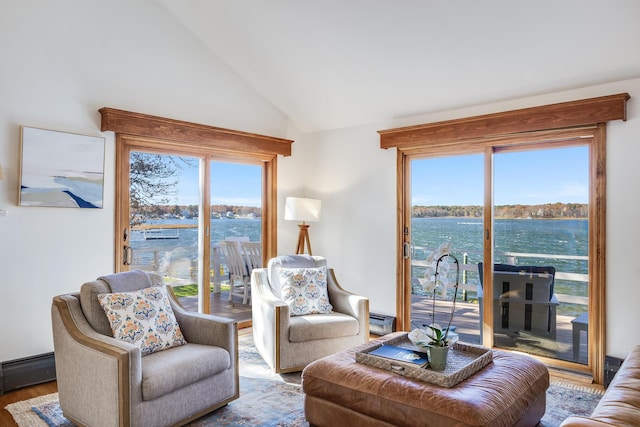 30 Overland Rd, Mashpee, MA 02649 - living room featuring a baseboard radiator, lofted ceiling, baseboard heating, wood finished floors, and plenty of natural light