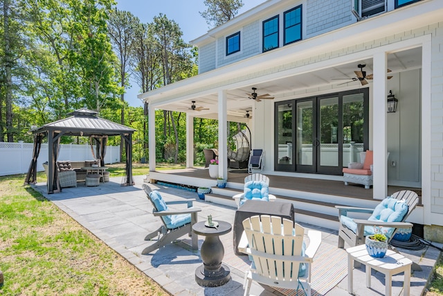 79 Neshobe Rd, Mashpee, MA 02649 - view of patio featuring an outdoor hangout area, ceiling fan, french doors, and a gazebo