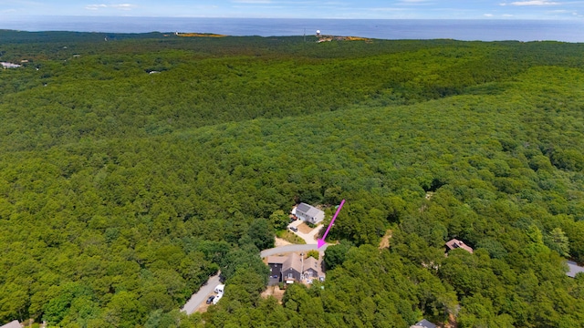birds eye view of property with a wooded view and a water view