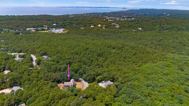drone / aerial view with a water view and a wooded view