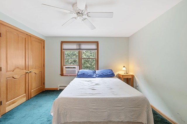 carpeted bedroom with cooling unit, a ceiling fan, baseboards, and baseboard heating