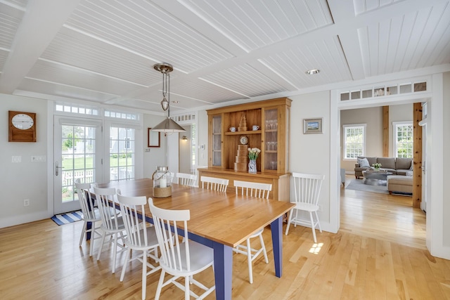 dining room featuring light wood-type flooring, baseboards, and wood ceiling