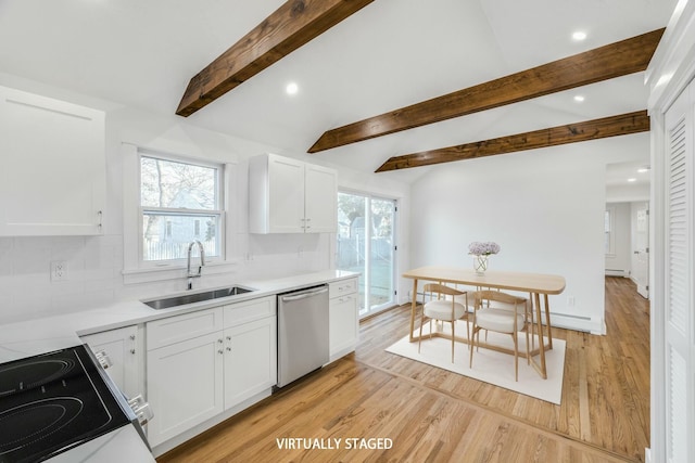 kitchen with vaulted ceiling with beams, dishwasher, white cabinetry, and a sink