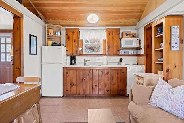 kitchen featuring wooden ceiling, open shelves, a sink, and white appliances